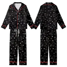 Cat Lovers' Minimalist White Line Art Playful Cats & Heart Paw Print Seamless Pattern on Black Kid Satin Pajamas Set