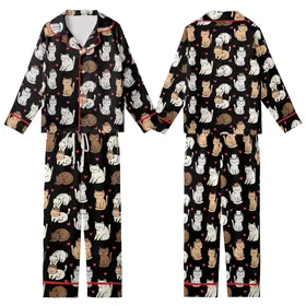 Kawaii Style Enthusiasts' Playful Hand-Drawn Cartoon Cats, Pink Hearts, White Grey Brown Peach on Black Kid Satin Pajamas Set