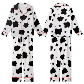 Modern Trendsetters' Bold High-Contrast Jet Black Organic Cowhide Spot Pattern Kid Satin Pajamas Set