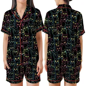 Black Cat Lovers' Neon Pop Whimsical Black Cat Seamless Pattern Electric Blue Pink Yellow Green White Outlines Satin Short-Sleeve Pajamas Set