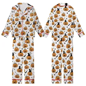 Halloween Enthusiasts' Whimsical Hand-Drawn Orange Jack-o'-Lanterns, Black Cats, Bats & Paw Prints Pattern on White Kid Satin Pajamas Set