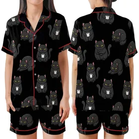 Cat Lovers' Cute Cartoon Grumpy Black Cats All-Over Pattern Golden Yellow Eyes White Mugs Satin Short-Sleeve Pajamas Set
