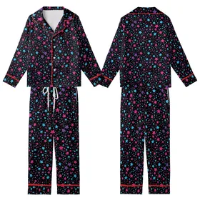 Cosmic Art Lovers' Vibrant Neon Blue Magenta Violet Cyan Flat Stars Shooting Stars Cosmic Pattern Kid Satin Pajamas Set