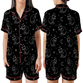 Cat Lovers' Minimalist White Line Art Sleeping Cats Black Background Whimsical Celestial Pattern Satin Short-Sleeve Pajamas Set