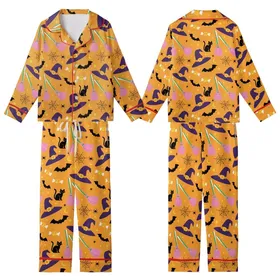 Halloween Lovers' Vibrant Pumpkin Orange Whimsical Pattern with Purple Witch Hats, Pink Brooms, Black Bats, Spiders, Cats & Gold Moons Kid Satin Pajamas Set