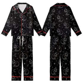 Cat Lovers' Minimalist White Line Art Sleeping Cats Black Background Whimsical Celestial Pattern Kid Satin Pajamas Set
