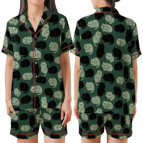 Cat Lovers' Playful Plump Minimalist Black Muted Green Cartoon Cats Forest Green Repeating Pattern Satin Short-Sleeve Pajamas Set