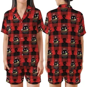 Cat & Ramen Enthusiasts' Whimsical Black Cat Ramen Bowl Red Black Buffalo Plaid Love Kanji Graphic Satin Short-Sleeve Pajamas Set