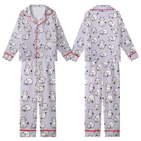 Cat Lovers' Playful White Cartoon Cats Seamless Pattern, Bold Black Outlines, Soft Lavender Background Kid Satin Pajamas Set