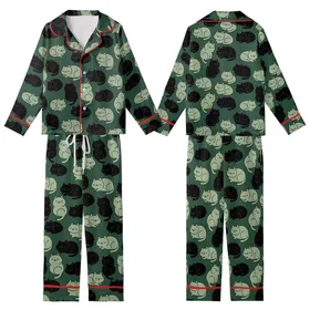 Cat Lovers' Playful Plump Minimalist Black Muted Green Cartoon Cats Forest Green Repeating Pattern Kid Satin Pajamas Set