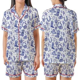 Western Enthusiasts' Illustrative Dusty Periwinkle Cobalt Blue Cowboy Boot Hat Cactus Rattlesnake Pattern Satin Short-Sleeve Pajamas Set