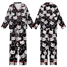 Cat Lovers' Expressive Cartoon Cat Faces Black White Gray Repeat Pattern Pink Accents Kid Satin Pajamas Set