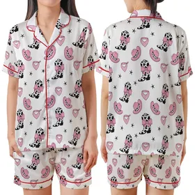 Girly Western Style Playful Pink Bow Cow Print Cowboy Boots Hats Bandanas Sheriff Stars White Seamless Pattern Satin Short-Sleeve Pajamas Set
