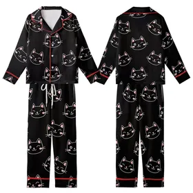 Cat Lovers' Black Minimalist Winking Cat Face Pink Cheeks Scattered Repeat Pattern Kid Satin Pajamas Set