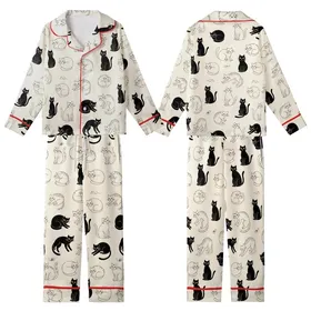 Cat Lovers' Whimsical Black Line Art Cats Seamless Pattern Creamy Off-White Background Kid Satin Pajamas Set