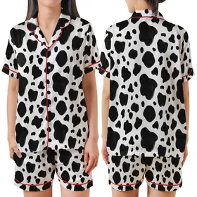 Modern Style Lovers' Illustrative Black White Organic Spot Cowhide Pattern Satin Short-Sleeve Pajamas Set
