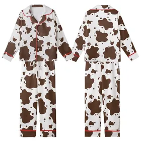 Pattern Lovers' Fluid Organic Dark Brown Cow Print Style on Crisp White Kid Satin Pajamas Set