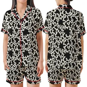 Contemporary Design Enthusiasts' Bold Black Organic Blob Abstract Pattern on Light Cream Satin Short-Sleeve Pajamas Set