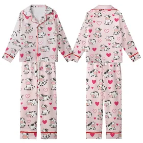 Cute Cow Lovers' Whimsical White Spotted Cartoon Cows Hot Pink Hearts Pastel Pink Seamless All-Over Design Kid Satin Pajamas Set
