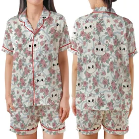 Cat Lovers' Whimsical Pink Crown Cartoon Cats, Soft Pink Rose Blossom, Sage Green, Pastel Blue Pattern Satin Short-Sleeve Pajamas Set