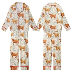 Highland Cow Lovers' Whimsical Watercolor Highland Cow Calf All-Over Pattern with Pink Roses, Sage Leaves, Cream Background Kid Satin Pajamas Set