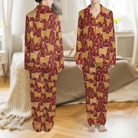 Highland Cow Lovers' Whimsical Flat Art Highland Cattle Thistle Heather Seamless Pattern Deep Crimson Red & Creamy Gold Satin Pajamas Set