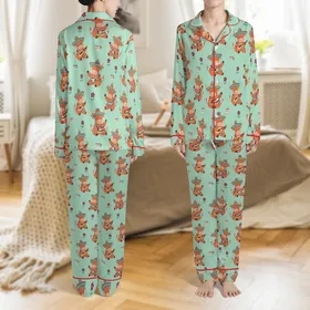 Highland Cow Lovers' Whimsical Folk Art Cows Vibrant Serape Sombrero Pastel Mint Green Pattern Satin Pajamas Set