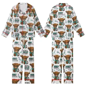 Whimsical Animal Lovers' Fluffy Highland Cow Boba Tea Lavender Caramel Teal Distressed Text Pattern Kid Satin Pajamas Set