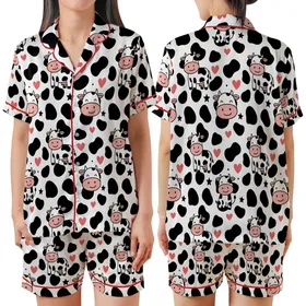 Cow Lovers' Playful Pure White Black Pink Cartoon Cows Spots Hearts Stars Pattern Satin Short-Sleeve Pajamas Set