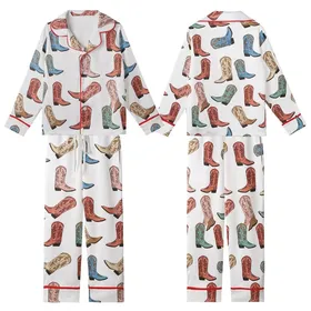 Western Style Lovers' Hand-Drawn Cowboy Boot Pattern Pink Teal Terracotta Hues Kid Satin Pajamas Set