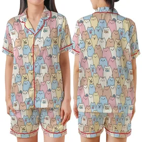 Cat Lovers' Kawaii Pastel Pink Blue Yellow Cat Crowd Seamless Pattern Satin Short-Sleeve Pajamas Set