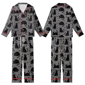 Cat Lovers' Whimsical Black Cat Silhouette Repeating Pattern Tiny Hearts White Dot Eyes Heather Dark Grey Kid Satin Pajamas Set