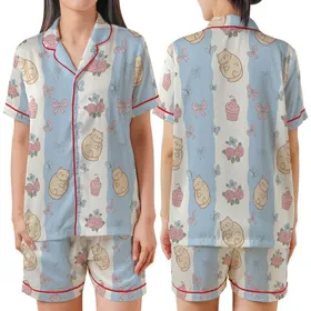 Pastel Dreamers' Whimsical Hand-Drawn Sleeping Cats Pink Bows Blue Flowers Cupcakes Soft Pastel Blue Off-White Knit Bands Satin Short-Sleeve Pajamas Set