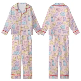 Cat Lovers' Whimsical Hand-Drawn Pastel Pink Blue Yellow Purple Cartoon Cat Repeating Pattern Kid Satin Pajamas Set