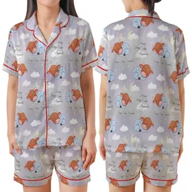 Baby Animal Lovers' Whimsical Sleepy Highland Cow Seamless Pattern in Soft Blue and Muted Gray with Twinkling Stars Satin Short-Sleeve Pajamas Set