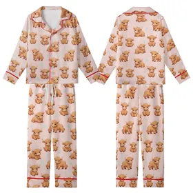 Cute Animal Lovers' Blush Pink Whimsical Fluffy Baby Highland Cow Scattered Pattern with Pastel Florals Kid Satin Pajamas Set