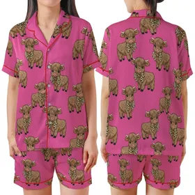 Whimsical Style Fans' Fluffy Brown Baby Highland Cow Leopard Bow Fuchsia Pink Illustrative Pattern Satin Short-Sleeve Pajamas Set