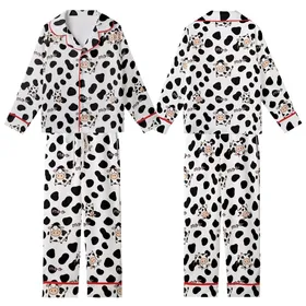 Cow Lovers' Whimsical Black White Peach Cartoon Cow Spot Playful Hand-Drawn Pattern Kid Satin Pajamas Set