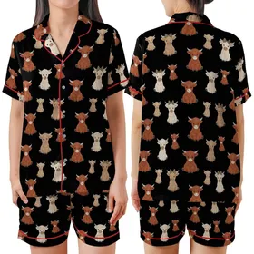 Animal Lovers' Whimsical Fluffy Highland Cow Calves Repeating Pattern with Leopard Print Bows on Black Satin Short-Sleeve Pajamas Set