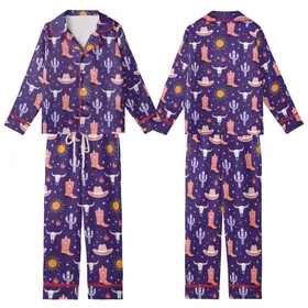 Western Style Aficionados' Whimsical Desert Royal Purple Coral Pink Cowboy Boots Cactus Steer Skull Pattern Kid Satin Pajamas Set