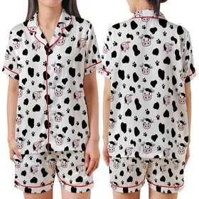 Cow Lovers' Whimsical Cartoon Cow Pattern: Black Spots, Pink Snouts, Udders, Hoof Prints, White Background Satin Short-Sleeve Pajamas Set