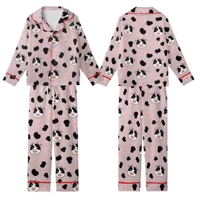Whimsical Style Lovers' Pale Mauve Pink Cow Spot Happy Cartoon Faces & Pink Heart Pattern Kid Satin Pajamas Set