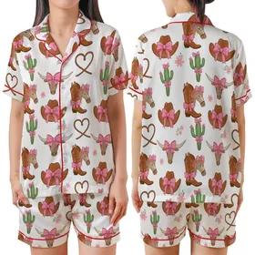 Women's Whimsical Western Pink Bow Cowgirl Hat Longhorn Cactus Pattern Satin Short-Sleeve Pajamas Set