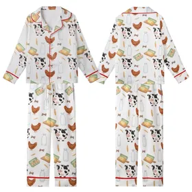 Farmhouse Decor Lovers' Charming Hand-Drawn Watercolor Farm-Fresh White Black Brown Spotted Cow Chicken Milk Bottle Seamless Pattern Kid Satin Pajamas Set