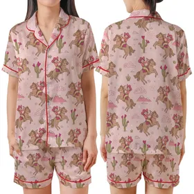 Western Enthusiasts' Whimsical Cowgirl Desert All-Over Print with Pink Hats, Coral Shirts, and Fuchsia Cacti Satin Short-Sleeve Pajamas Set