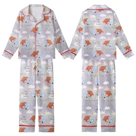 Baby Animal Lovers' Whimsical Sleepy Highland Cow Seamless Pattern in Soft Blue and Muted Gray with Twinkling Stars Kid Satin Pajamas Set