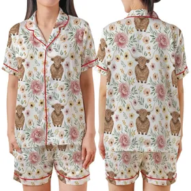 Highland Cow Lovers' Whimsical Watercolor Shaggy Brown Cow Dusty Rose Peach Yellow Green Floral Pattern Satin Short-Sleeve Pajamas Set