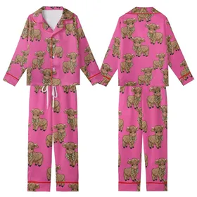 Whimsical Style Fans' Fluffy Brown Baby Highland Cow Leopard Bow Fuchsia Pink Illustrative Pattern Kid Satin Pajamas Set