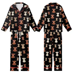 Animal Lovers' Whimsical Fluffy Highland Cow Calves Repeating Pattern with Leopard Print Bows on Black Kid Satin Pajamas Set