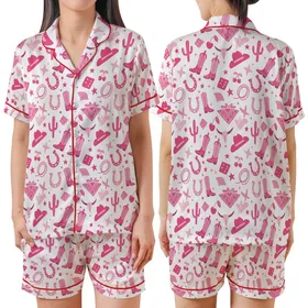 Pink Western Enthusiasts' Playful Pink & Hot Pink Cowgirl Boot Cactus Star Pattern Satin Short-Sleeve Pajamas Set